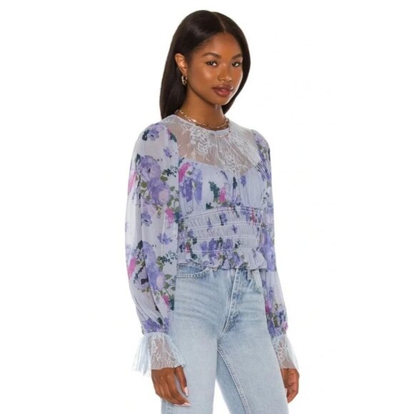 Free People Purple smocked top blouse lace size Medium Whimsigoth fairy - Picture 1 of 9